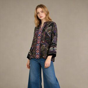 NWOT Johnny Was Velvet Mix Embroidered Floral Paris Shirt Blouse Size PXS